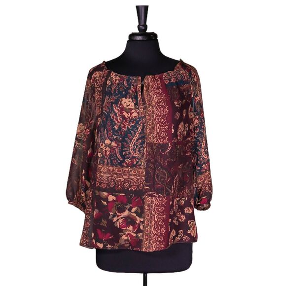 Chaps Ralph Lauren Women's Blouse Floral Paisley Patchwork Peasant Boho Top PL - Picture 1 of 8